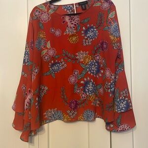 Adrienne Vittadini Red Orange Floral Ruffled Top Size XL